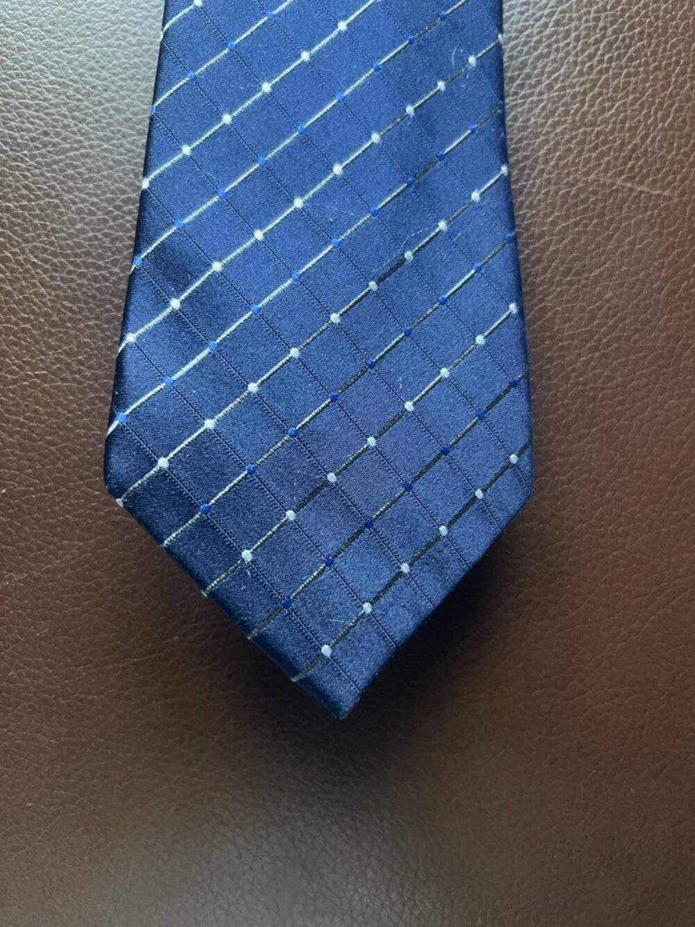 Geoffrey Beene 100% Silk Navy Blue Windowpane Grid Dot Tie Necktie